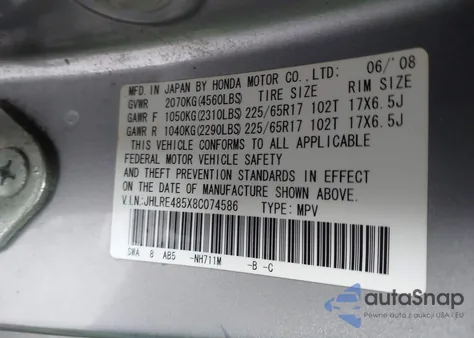2008 Honda Cr-V Ex z USA, uszkodzony, nr VIN JHLRE485X8C074586